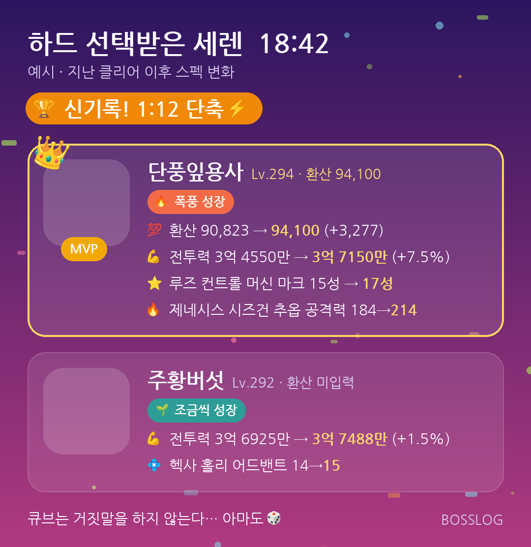 클리어 후 파티원 스펙 변화 카드 예시